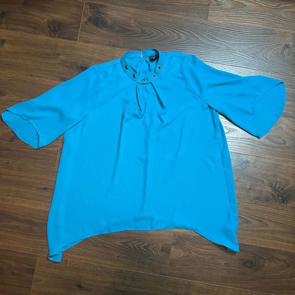 Worthington Blue Blouse with Grommet Neck Detail and Bell Sleeves
